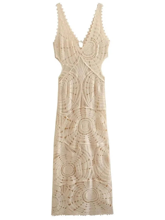 Crochet Hollow V neck Backless Maxi Dress