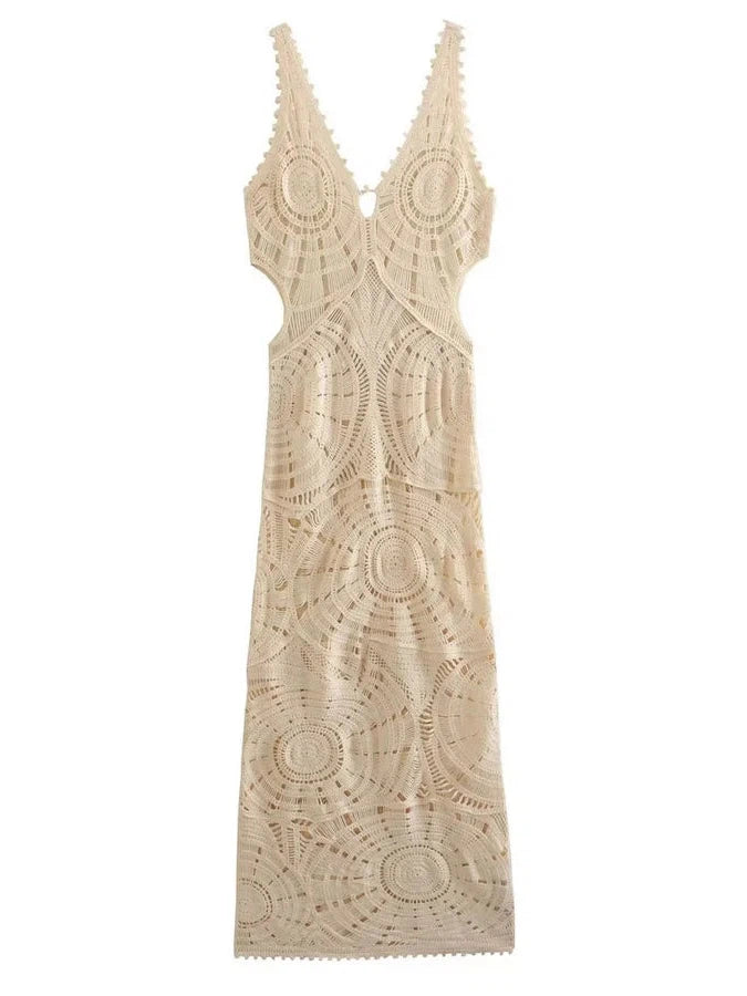 Crochet Hollow V neck Backless Maxi Dress