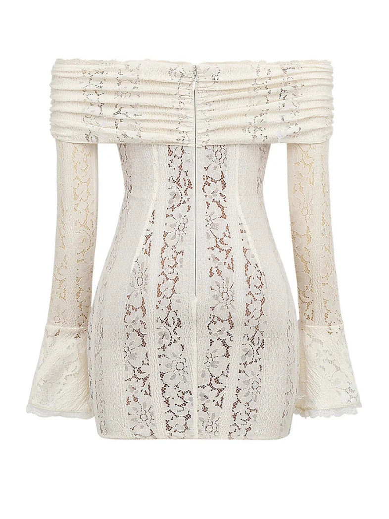Off Shoulder Bell Sleeves Floral Lace Short Dress