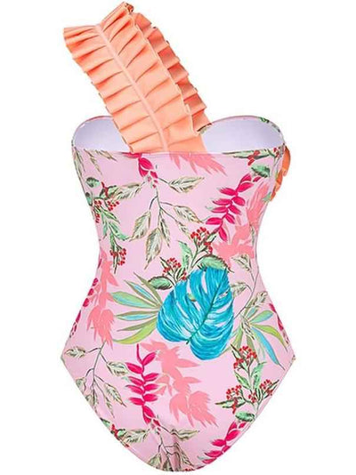Tropical Ruffle One-Shoulder Swimsuit & High-Low Skirt Set