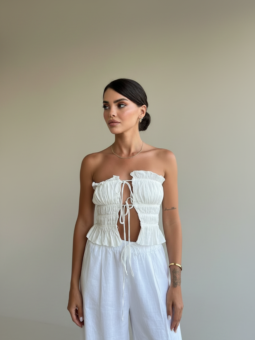 Whimsy Ruffle Cropped Top, white strapless tank with front tie and tiered ruffle peplum