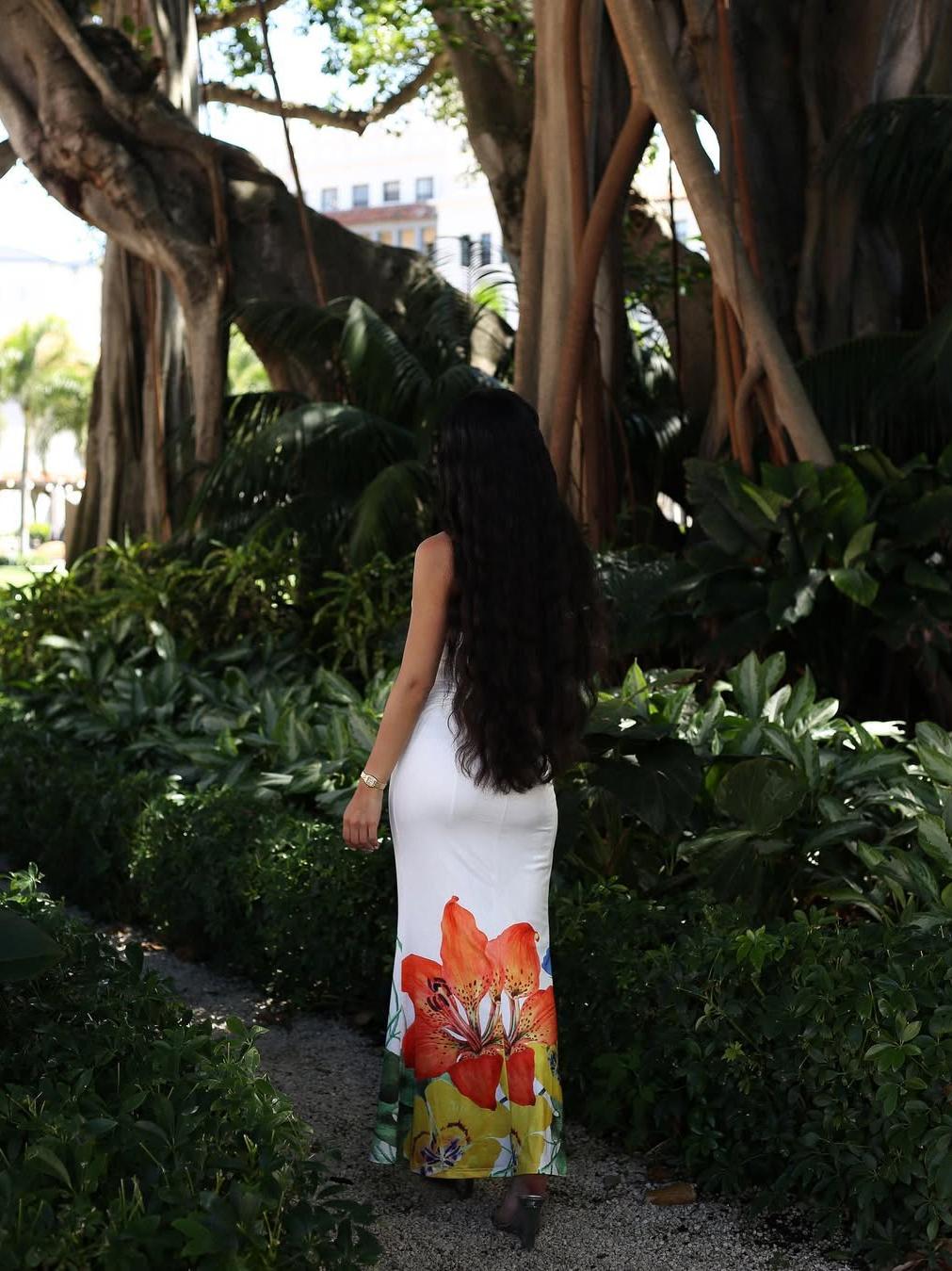 Floral Print White Halterneck Backless Maxi Dress