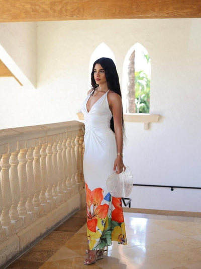 Floral Print White Halterneck Backless Maxi Dress