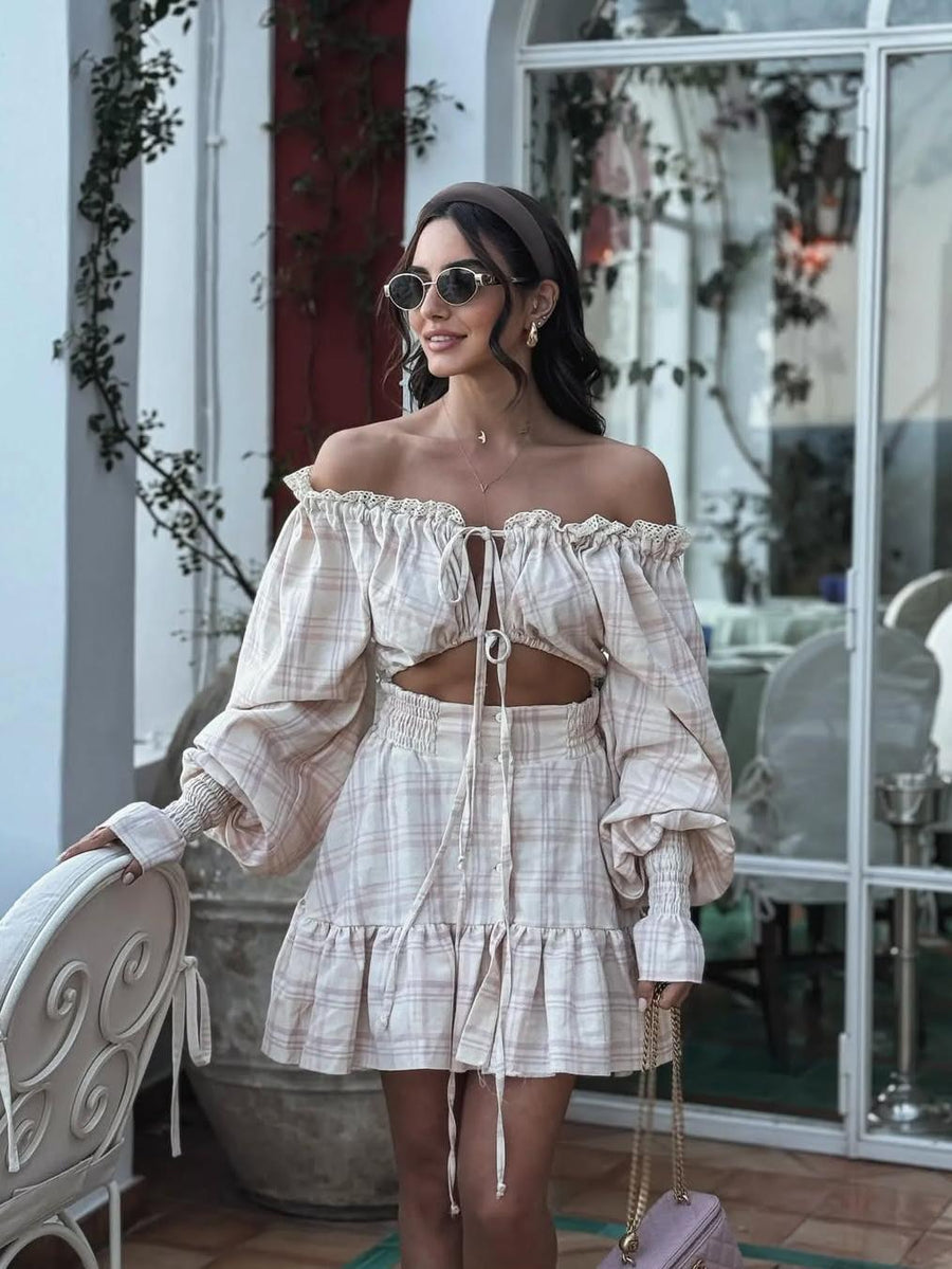 Plaid Lace Buckle Strap Design Off Shoulder Printed Dresses