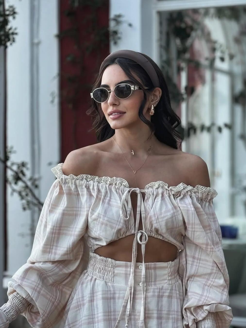 Plaid Lace Buckle Strap Design Off Shoulder Printed Dresses