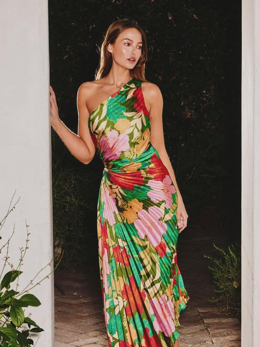 Floral Print Pleated One Shoulder Asymmetric Dress