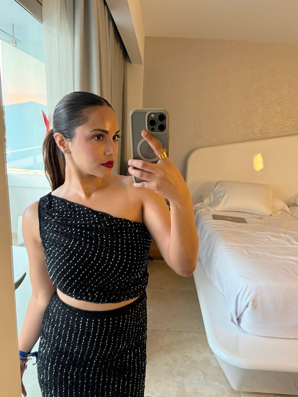 Rhinestone Ruched Long Skirt & One Shoulder Top Coord Set