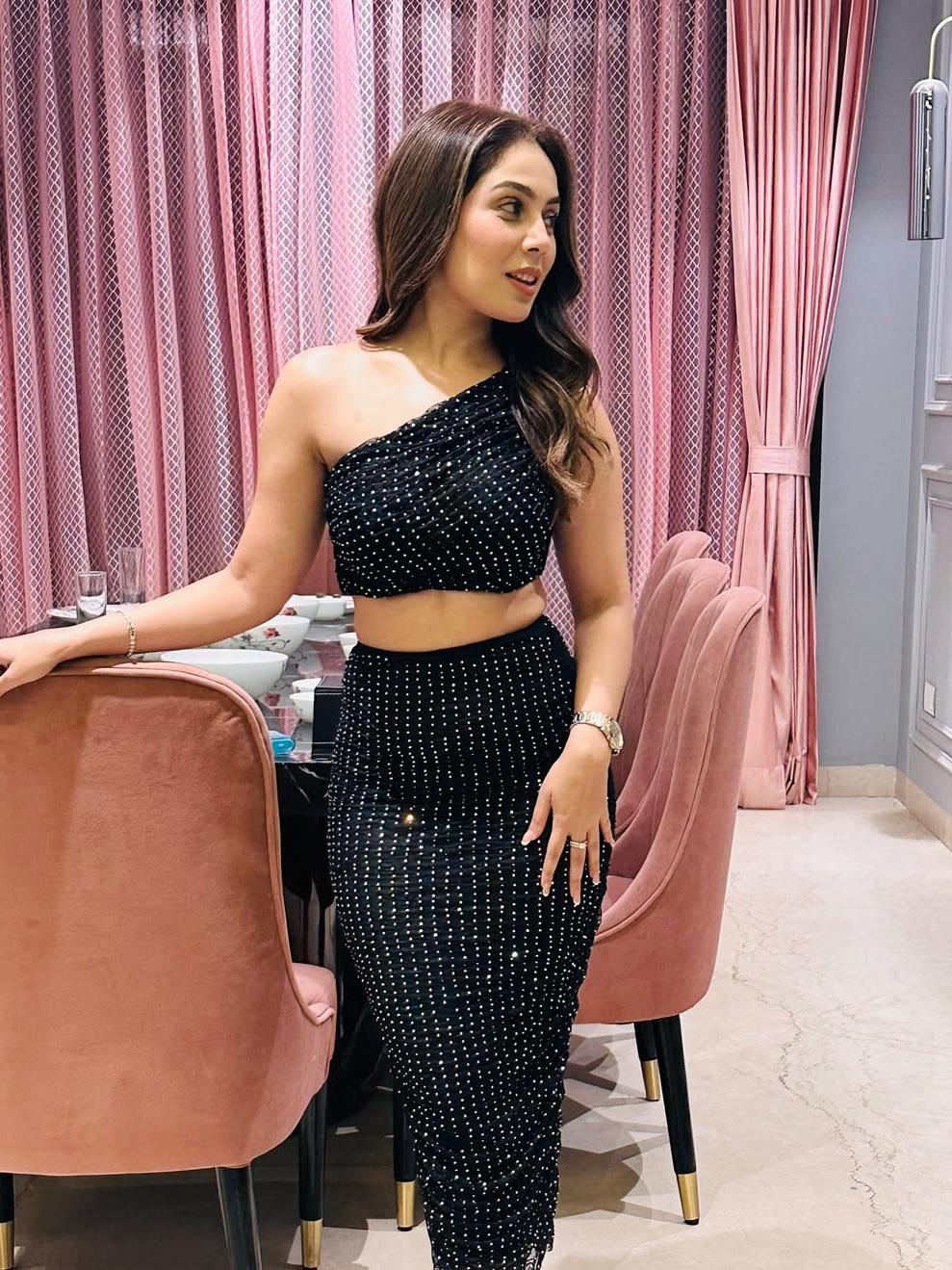 Rhinestone Ruched Long Skirt & One Shoulder Top Coord Set