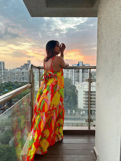 Floral Print Spaghetti Strap Backless Maxi Dress