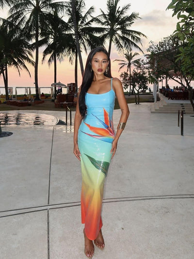 Floral Print Spaghetti Strap Sequins Slit Maxi Dress