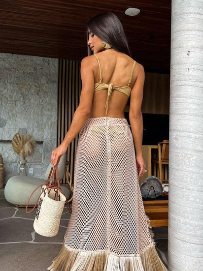 Gold bikini top and beige Tassel Netted Swimsuit Skirt Set