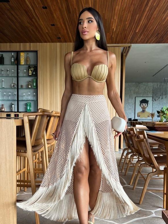 Gold bikini top and beige Tassel Netted Swimsuit Skirt Set