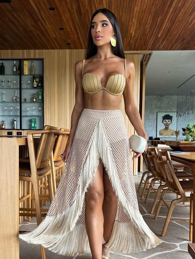 Gold bikini top and beige Tassel Netted Swimsuit Skirt Set