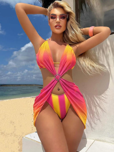 Halterneck Applique 3 Piece Bikini Swimsuit Set