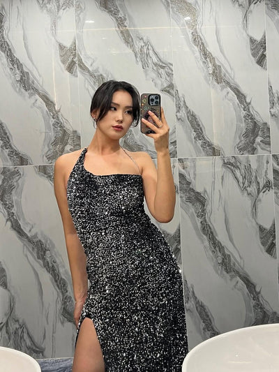 Asymmetric Sequins Slit Maxi Dress