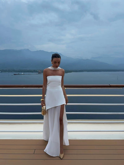 Sofia High Slit Asymmetric Tube Maxi Dress with Scarf