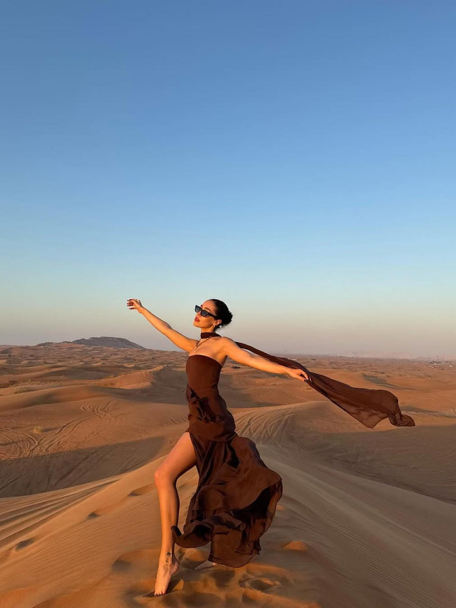Brown Strapless Mesh Brown Maxi Dress with Scarf