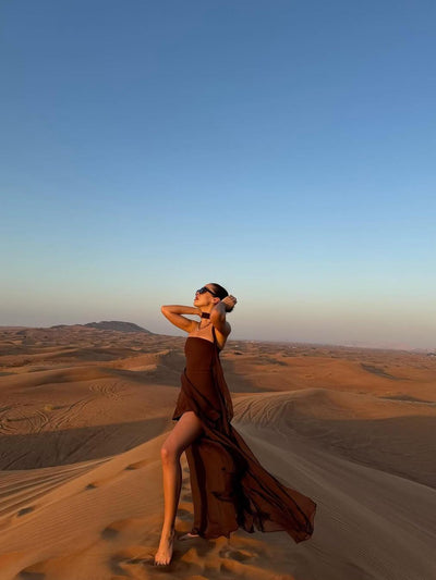 Brown Strapless Mesh Brown Maxi Dress with Scarf