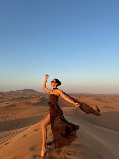 Brown Strapless Mesh Brown Maxi Dress with Scarf