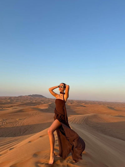 Brown Strapless Mesh Brown Maxi Dress with Scarf