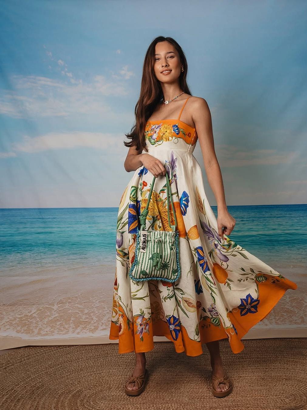 Vintage Print Sundress Midi Dress Ivory