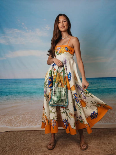 Vintage Print Sundress Midi Dress Ivory