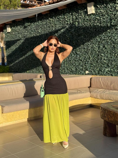 Deep V-Neck Backless Lace-Up Maxi Dress