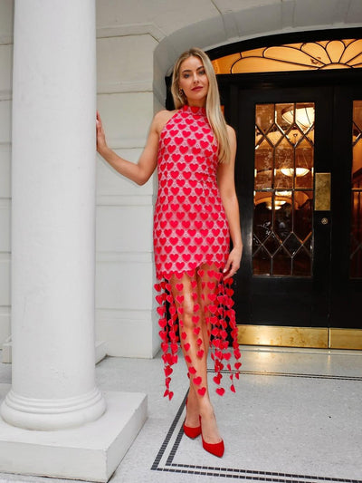 Heart Laser Print Cutout Sleeveless Fringe Midi Dress