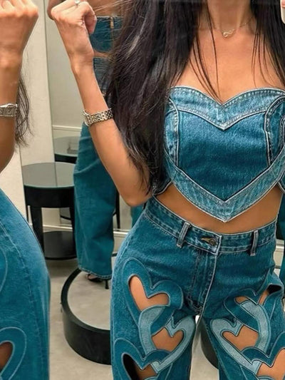 High Waist Heart Cutout Denim Pants