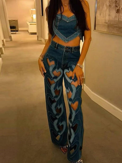 High Waist Heart Cutout Denim Pants