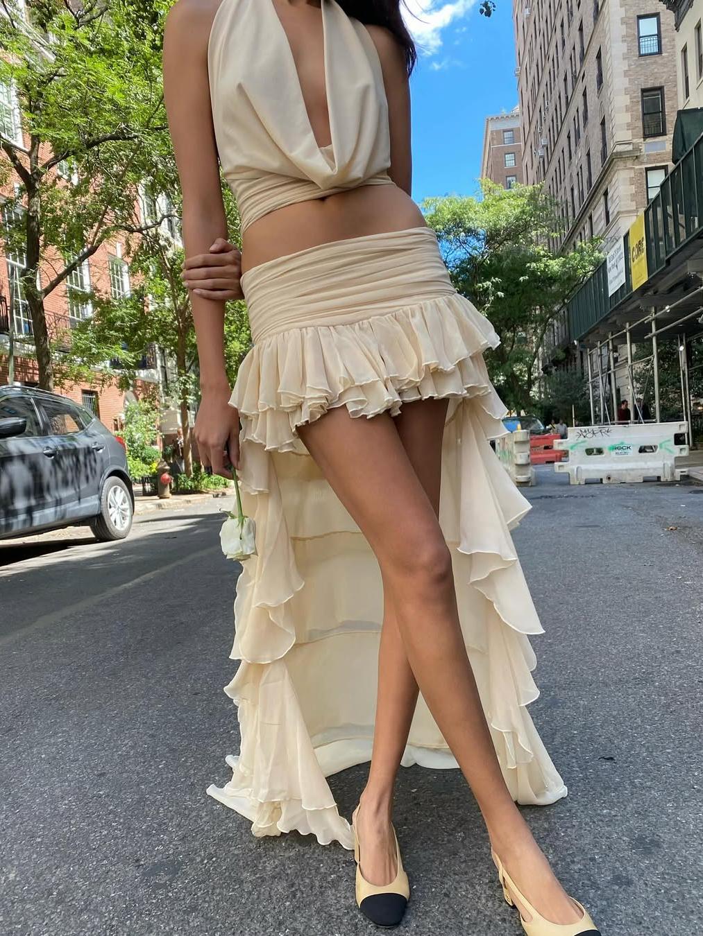 Cowl Neck Ruffle Mesh Asymmetric Skirt Coord Set Set