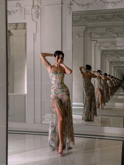 Floral Tie Dye Print Corset Ruched Corset Dress