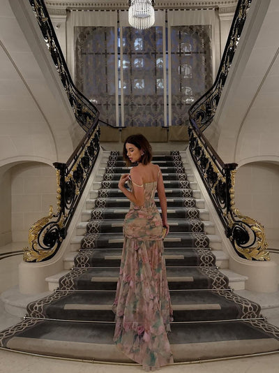 Floral Tie Dye Print Corset Ruched Corset Dress