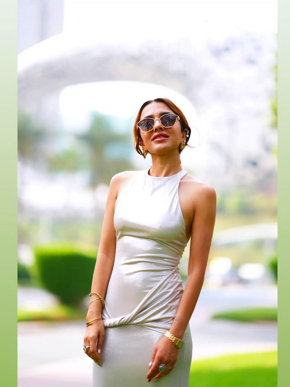 Metallic Halterneck Backless Ruched Maxi Dress