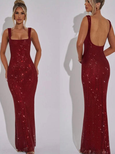 Rhinestone Scoop Backless Embellished Maxi Dress