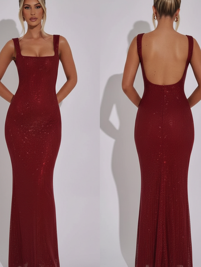 Rhinestone scoop-backless red maxi dress by Exclusives, dresses on sale.