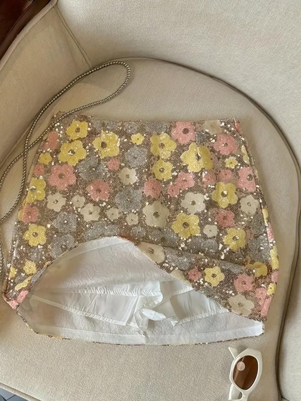 Flower Print Sequins Short Skirt