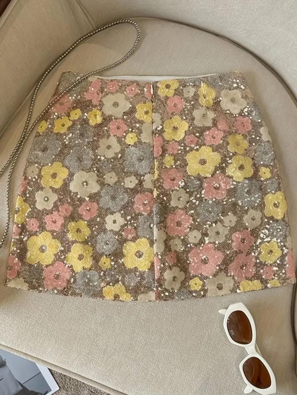 Flower Print Sequins Short Skirt