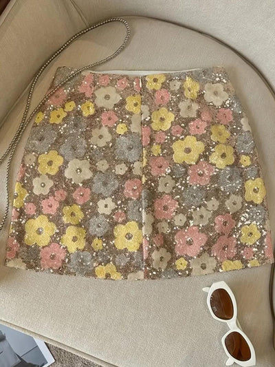 Flower Print Sequins Short Skirt