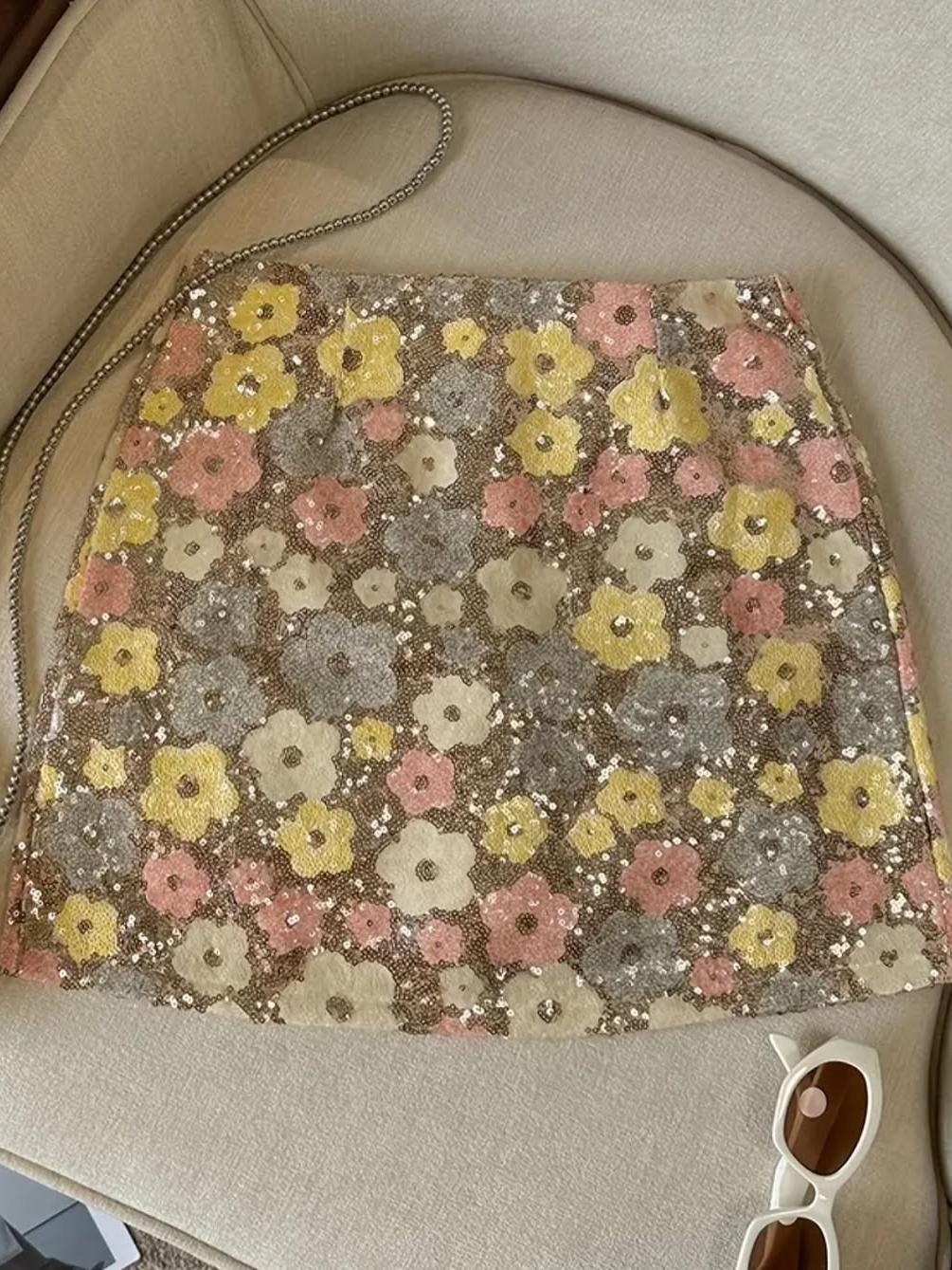 Flower Print Sequins Short Skirt