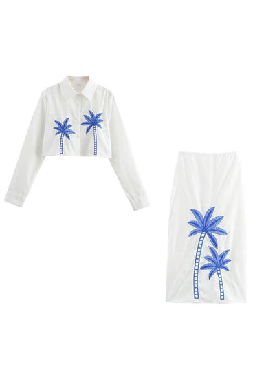 Embroidered Tree Print Crop Shirt & Skirt Coord Set