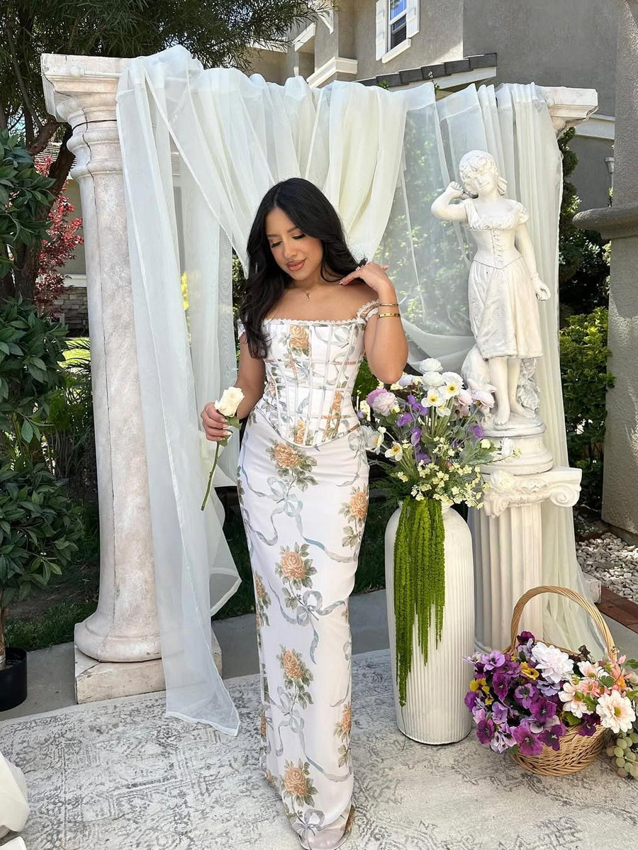 Floral Vintage Print Corset Top & Skirt Coord Set