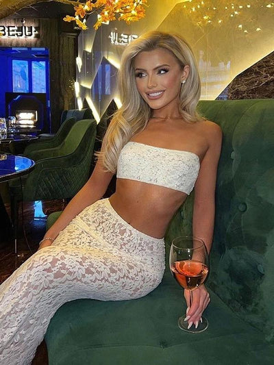 See Through Sheer Lace Bandeau Tube Top & Skirt Coord Set