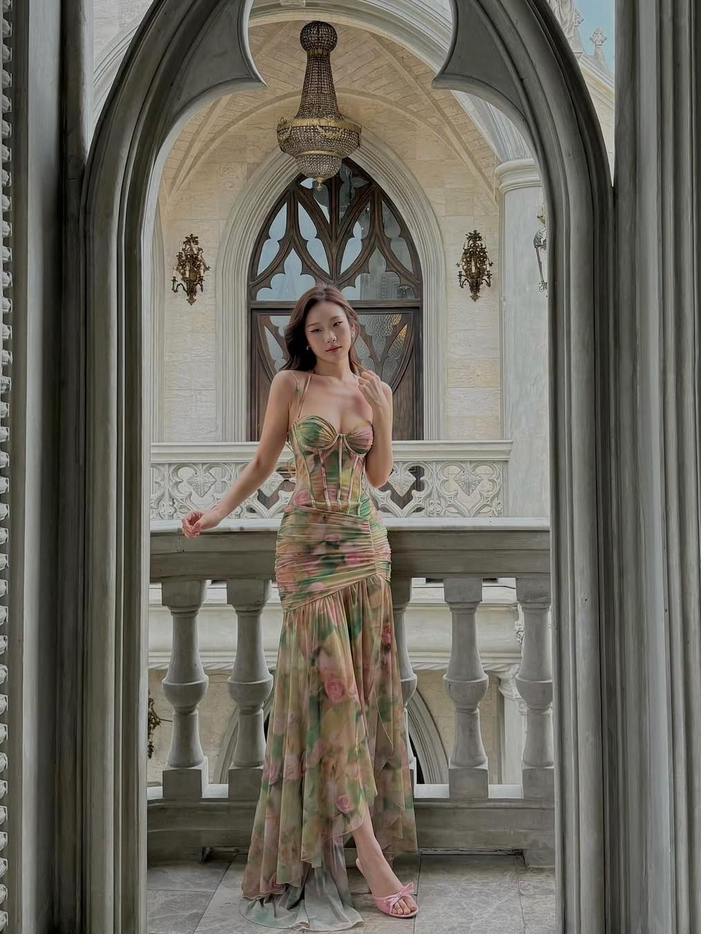 Floral Tie Dye Print Corset Ruched Corset Dress