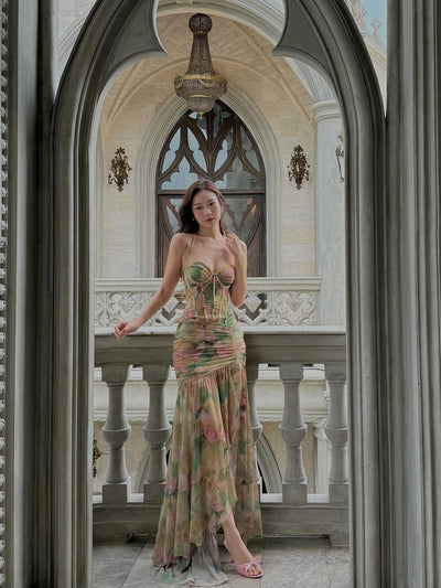 Floral Tie Dye Print Corset Ruched Corset Dress