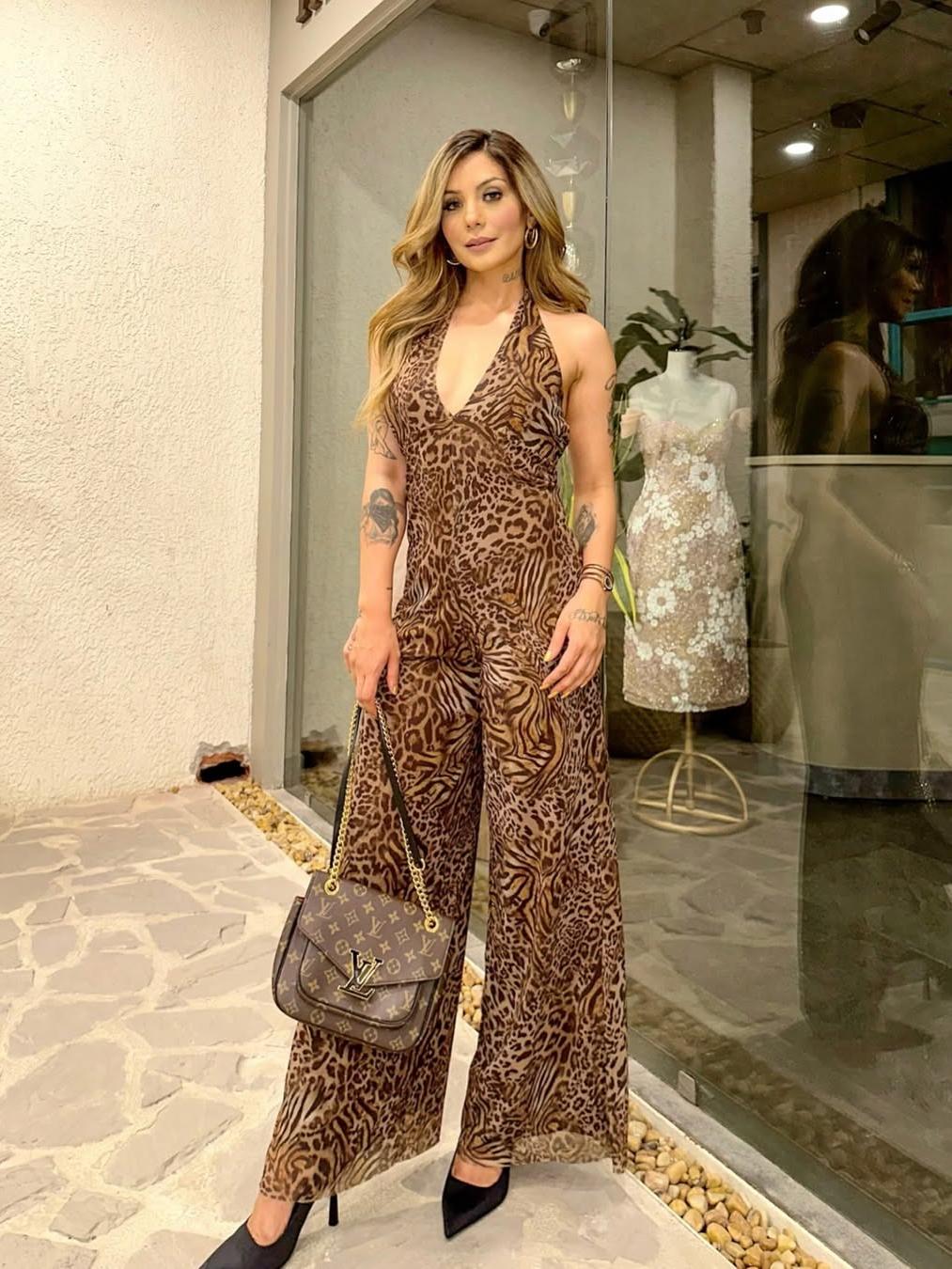 Halterneck Backless Wide Leg V Neck Animal Print Jumpsuit