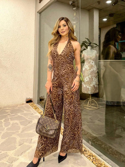 Halterneck Backless Wide Leg V Neck Animal Print Jumpsuit