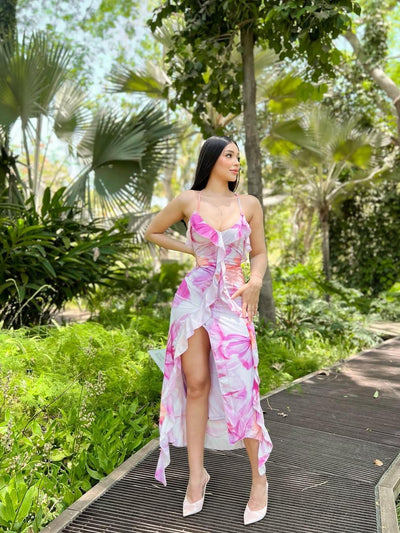 Floral Print Ruffle Frill Maxi Dress