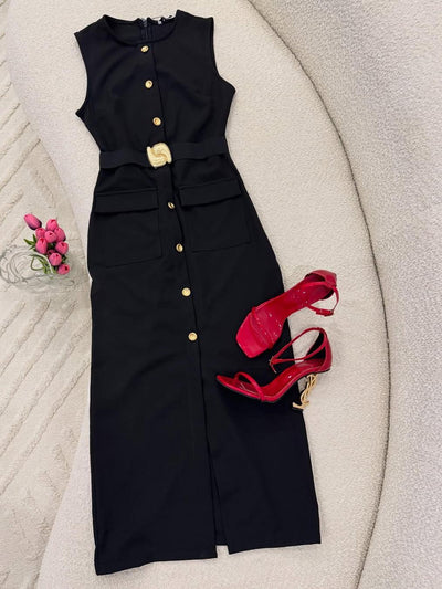 Sleeveless Applique Belt Midi Dress
