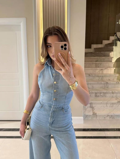 Halterneck Backless Denim Jumpsuit